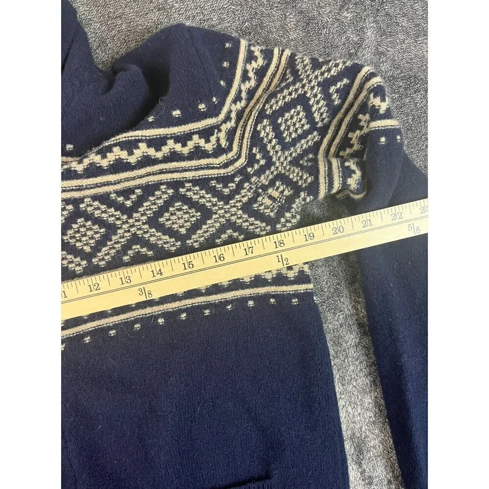 J. Crew 100% Lambswool Collared Cardigan Navy Blue Fair Isle Men's M Fisherman